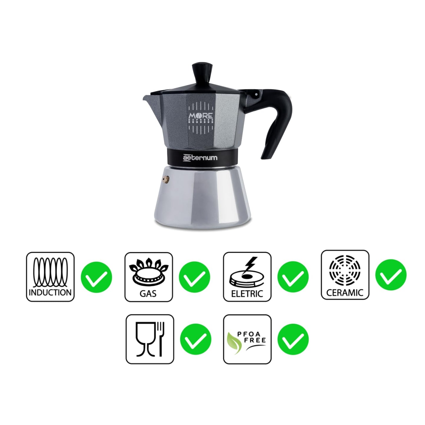 Aeternum, More Espresso Induction, Caffettiera 3 Tazze, Adatta all'Induzione, Alluminio e Acciaio Inox, Grigio e Nero