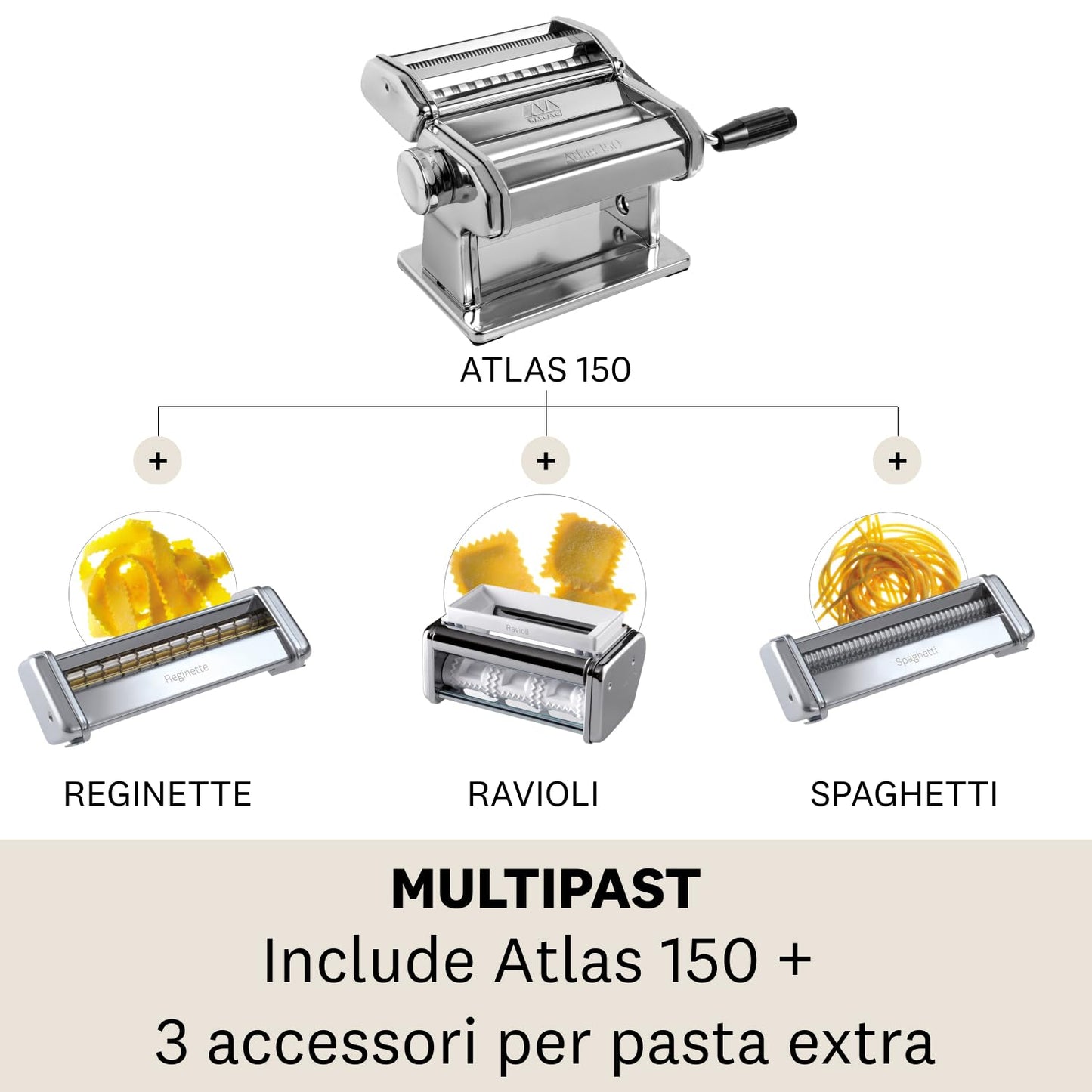 Marcato Multipast Macchina per Pasta Manuale Acciaio Cromato con Accessori : Ravioli, Spaghetti e Reginette