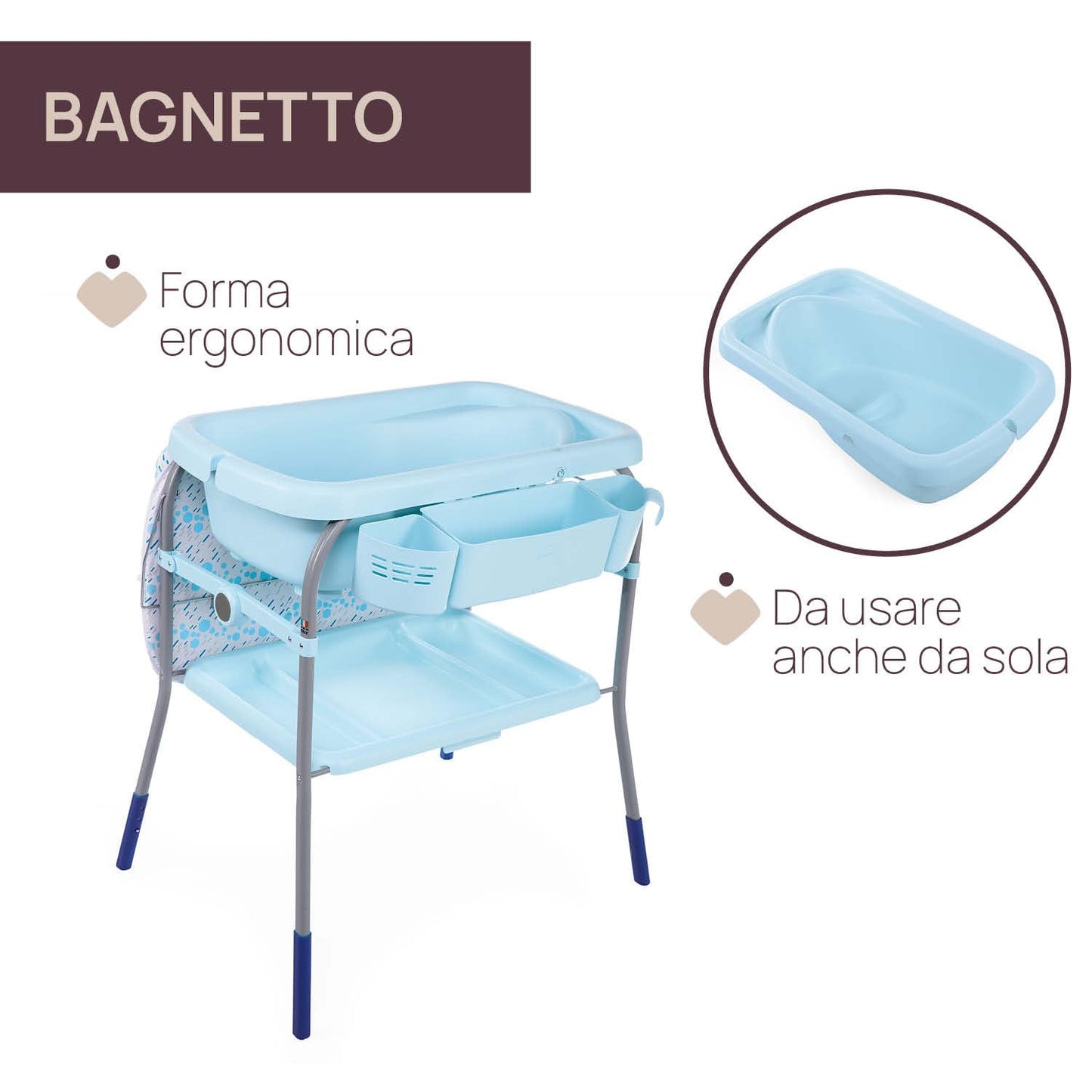 Chicco Cuddle & Bubble Vaschetta Bagnetto Fasciatoio Neonato Ergonomico con Materassino e Morbido Riduttore, Altezza Regolabile, Chiusura Compatta, Parent Organizer 2 Ruote, Max 11kg, Ocean, Blu