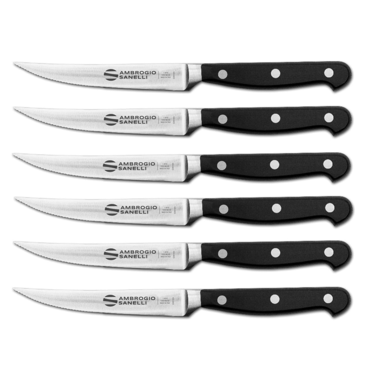 Ambrogio Sanelli, Maitre Set Coltelli Bistecca, 6 Coltelli da Tavola con Lama Mezzo Dentata in Acciaio Inox all'Azoto 11 cm e Manico Ergonomico, Coltelli da Cucina Professionali, Made in Italy
