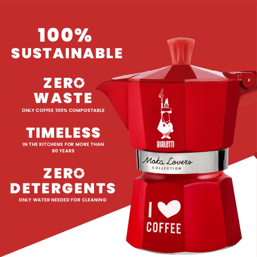 Bialetti Caffettiera Moka I Love Coffee 3 Tazze, Manico anti scottatura, Non adatta a induzione, 3 Tazze (130 ml), Limited Edition Rosso