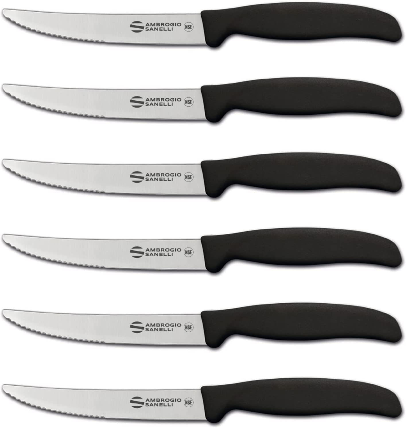 Sanelli Ambrogio Set Coltelli da Bistecca Supra, 6 Coltelli con Lama Mezzo Dentata 12cm, Affilatura a Controllo Laser, Manico Ergonomico, Coltelli Professionali Made in Italy Lavabili in Lavastoviglie