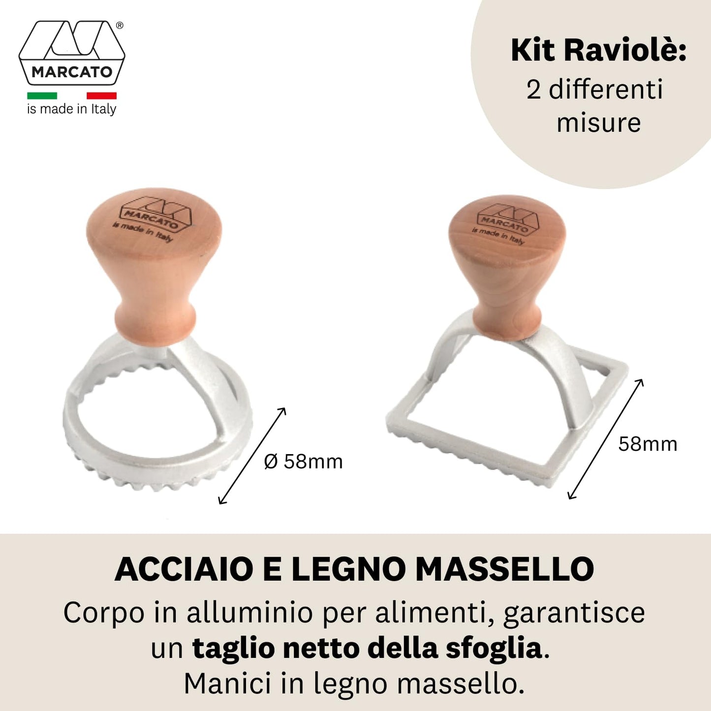 Marcato Kit Stampi per Ravioli e Biscotti, Forme per Ravioli, Formine per Biscotti, in Legno Massello e Alluminio Prossofuso, Stampino Rotondo da 58 mm + Stampino Quadrato da 58 mm. Modello: Raviolè