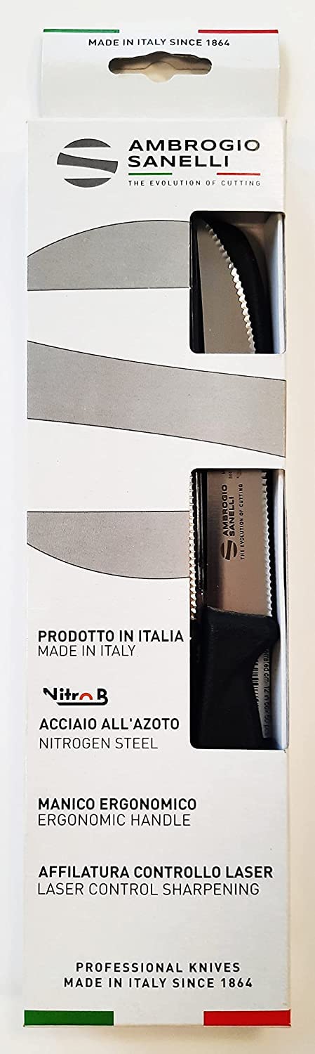 Sanelli Ambrogio Set Coltelli da Bistecca Supra, 6 Coltelli con Lama Mezzo Dentata 12cm, Affilatura a Controllo Laser, Manico Ergonomico, Coltelli Professionali Made in Italy Lavabili in Lavastoviglie