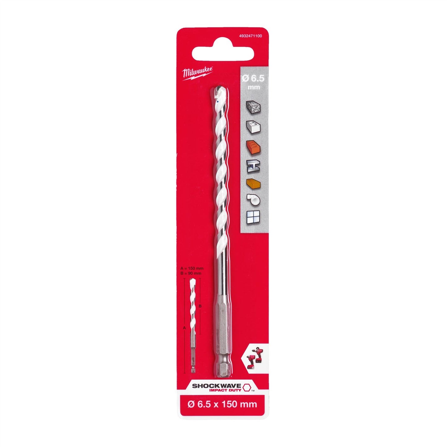 Milwaukee 4932471100 Esagonale Punta Multimateriale, 1/4" Dimensioni, 6,5 mm Diametro, 150 mm Lunghezza