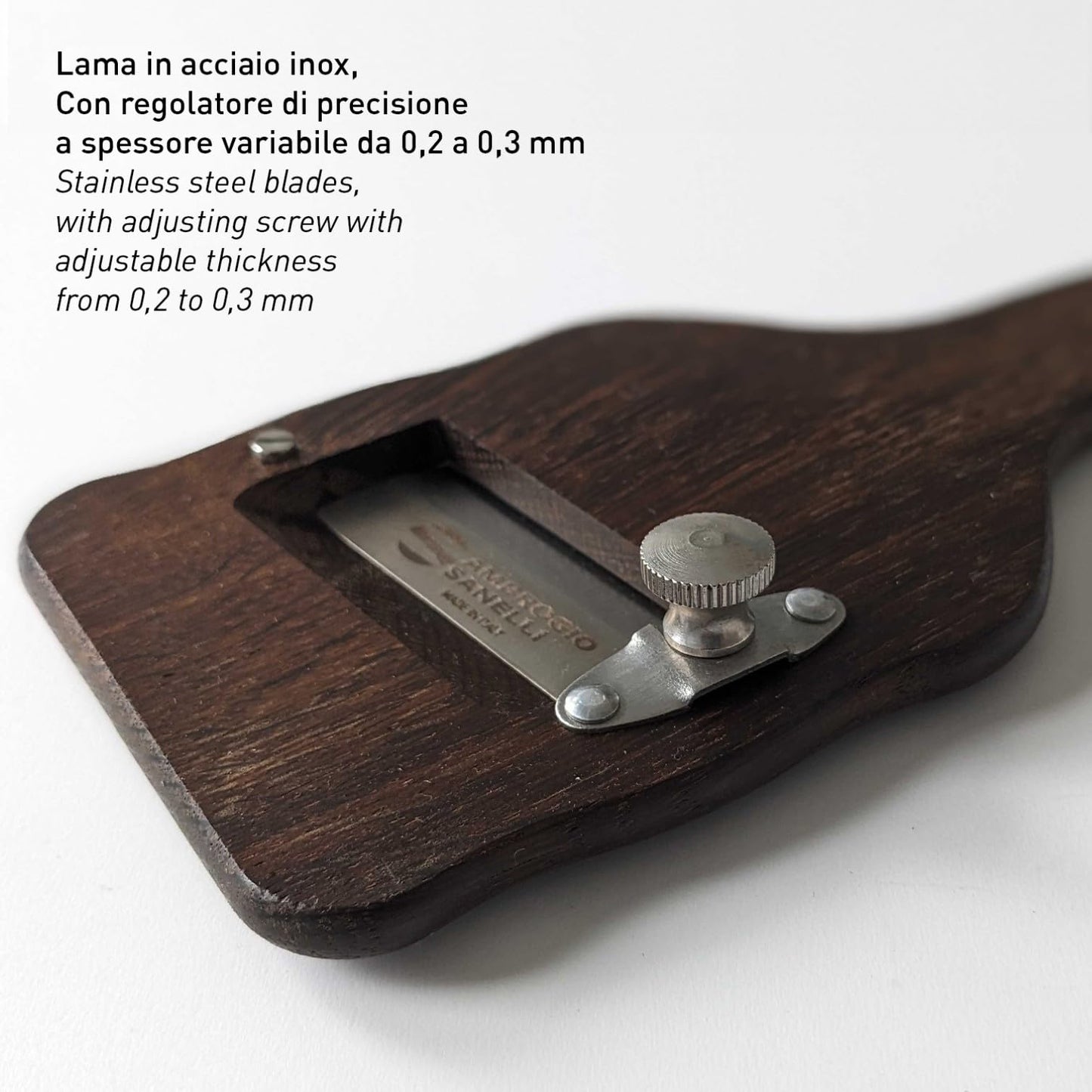 Sanelli Ambrogio, Affettatartufi in Legno di Rovere Fumigato, con Lama Liscia Regolabile in Acciaio Inox, Resistente, per Tagli Precisi, Accessori Cucina Professionali Made in Italy