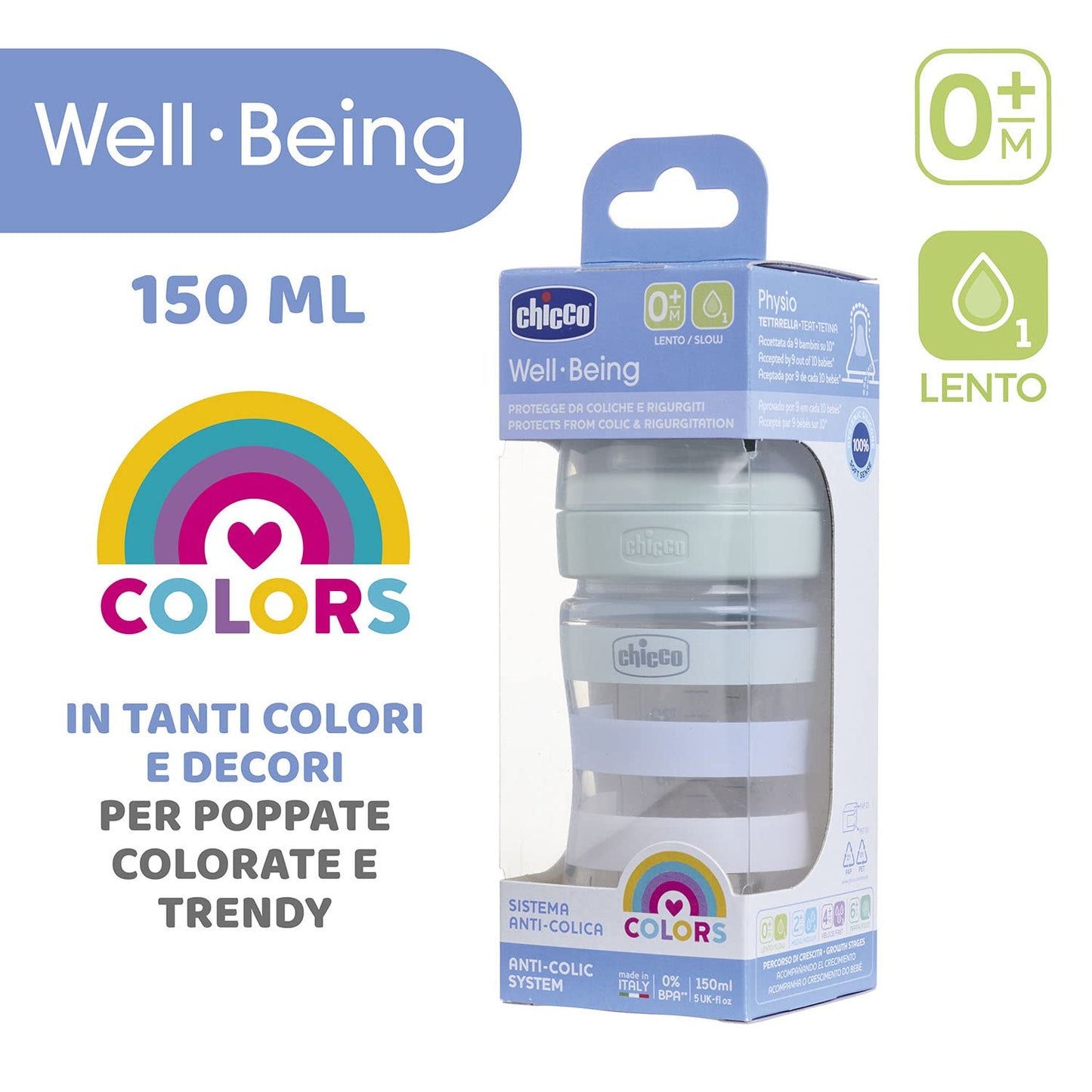 Biberon Flusso Lento,Tettarella Physio Morbido Silicone,Finitura Soft Sense,Anticolica,Riduce Rigurgito e Irritabilità,Bottiglia Plastica 150 ml, 0 Mesi+,Bambino,Azzurro