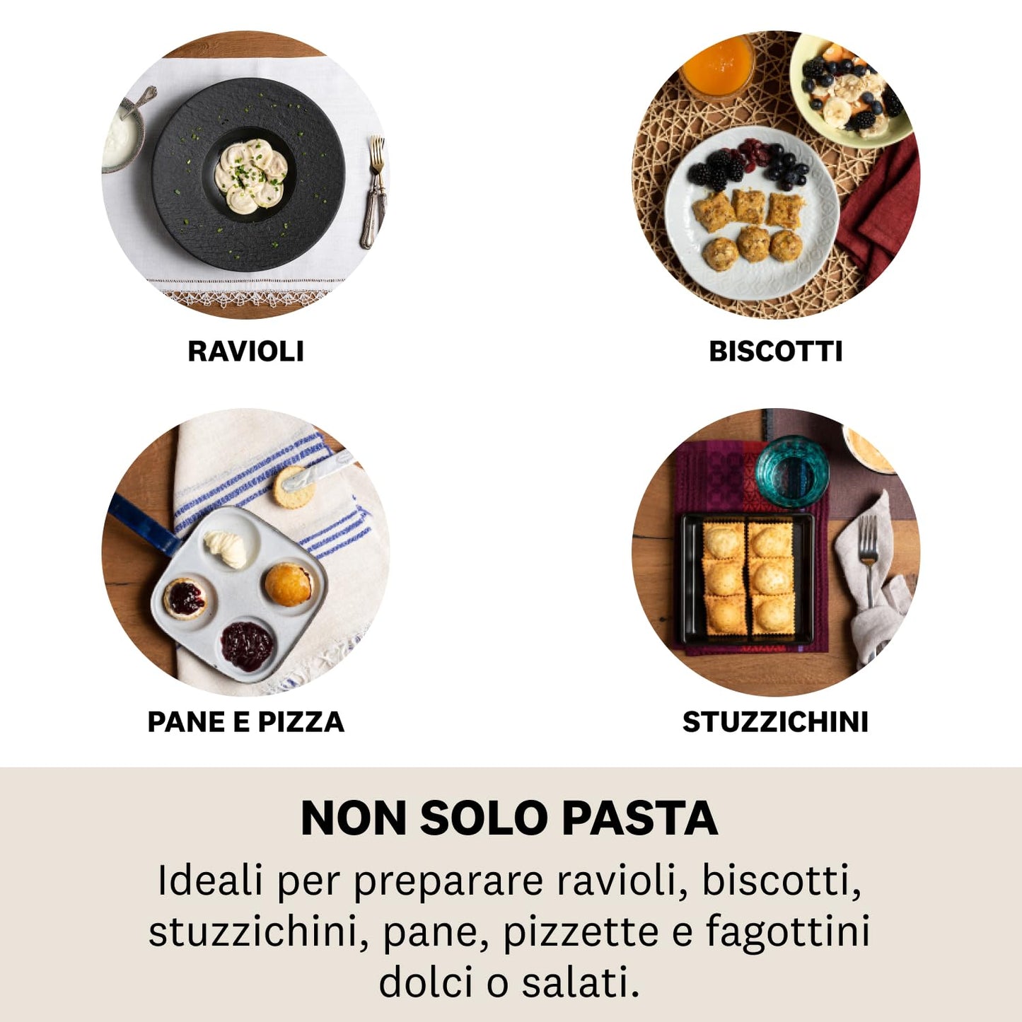 Marcato Kit Stampi per Ravioli e Biscotti, Forme per Ravioli, Formine per Biscotti, in Legno Massello e Alluminio Prossofuso, Stampino Rotondo da 58 mm + Stampino Quadrato da 58 mm. Modello: Raviolè