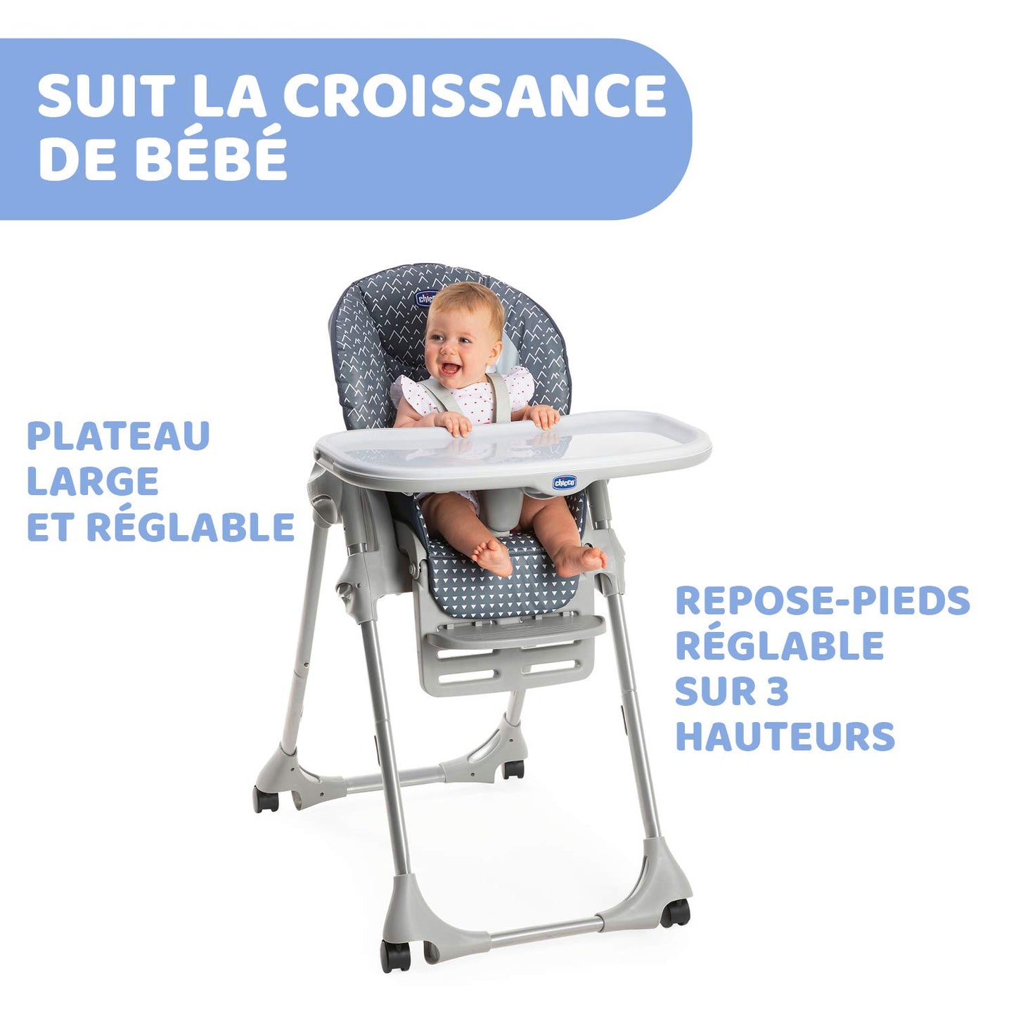 Polly Easy Evolutionary High Chair for Children from 6 Months to 3 Years (15 kg), Reclining High Chair with Adjustable Height and Footrest, 4 Wheels, Compact Folding - Pinguin, Blue