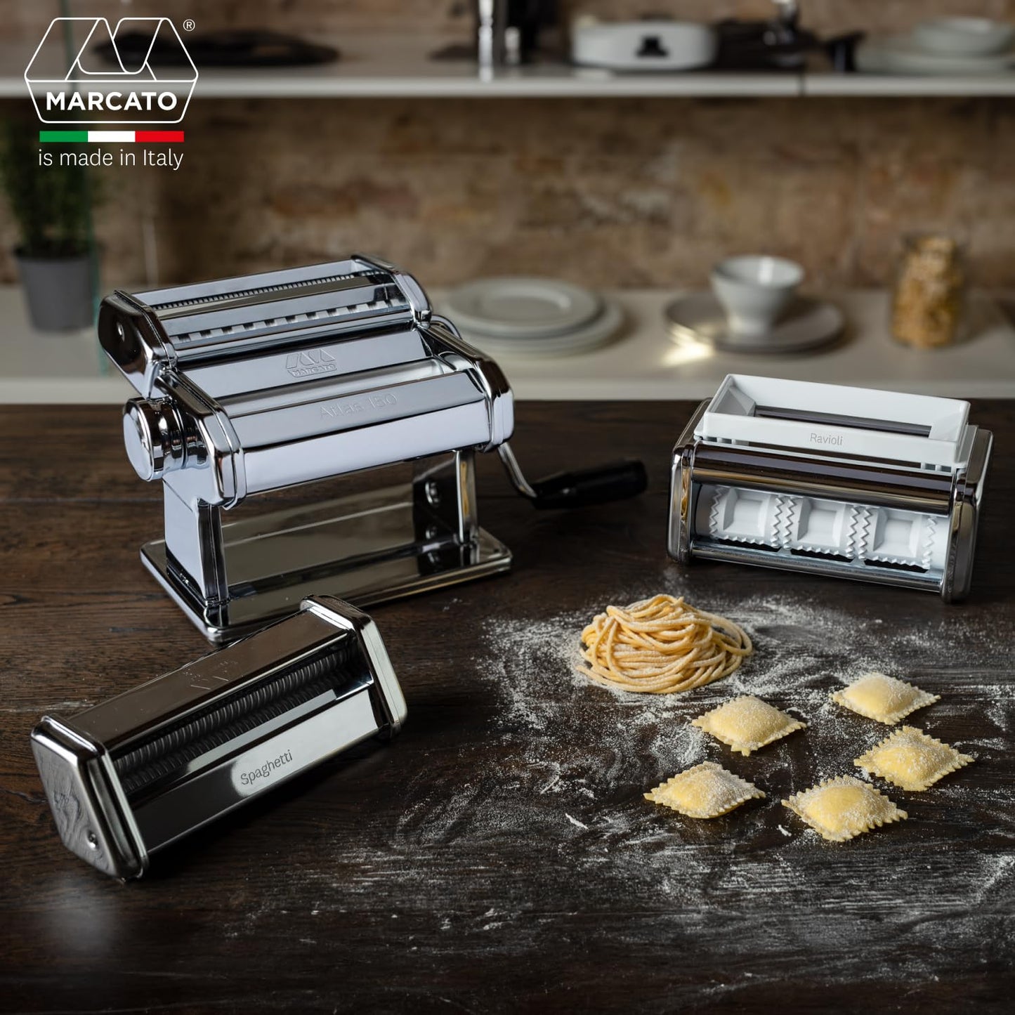 Marcato GS-PASTASET Macchina per Pasta Manuale con Inclusi Accessori per Ravioli e Spaghetti, Acciaio Cromato, Argento, 20,3x14x20,3 cm