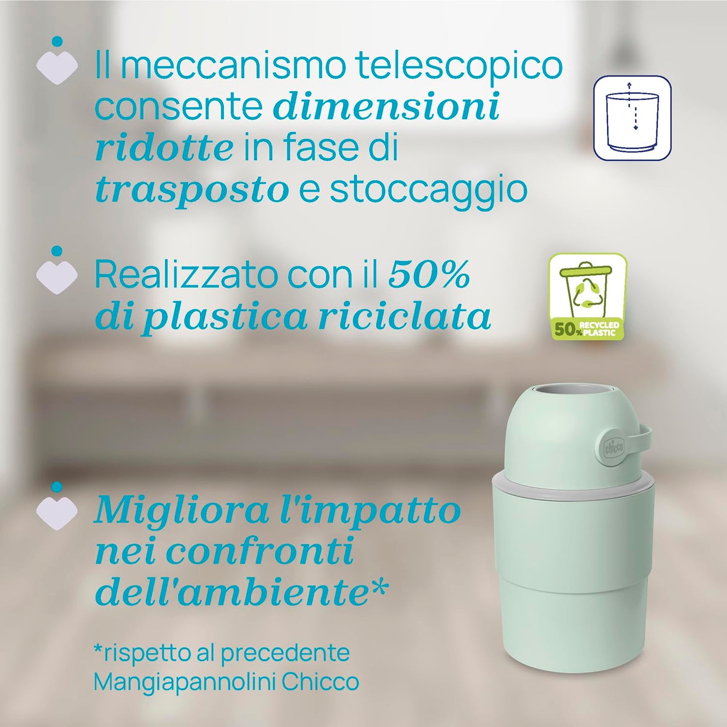 Chicco Mangiapannolini Telescopico Controlla Odori Compatto, Smaltimento Pannolini, Cestino Contenitore Pieghevole e Salvaspazio, Non servono ricariche, si usano i normali Sacchetti, Verde