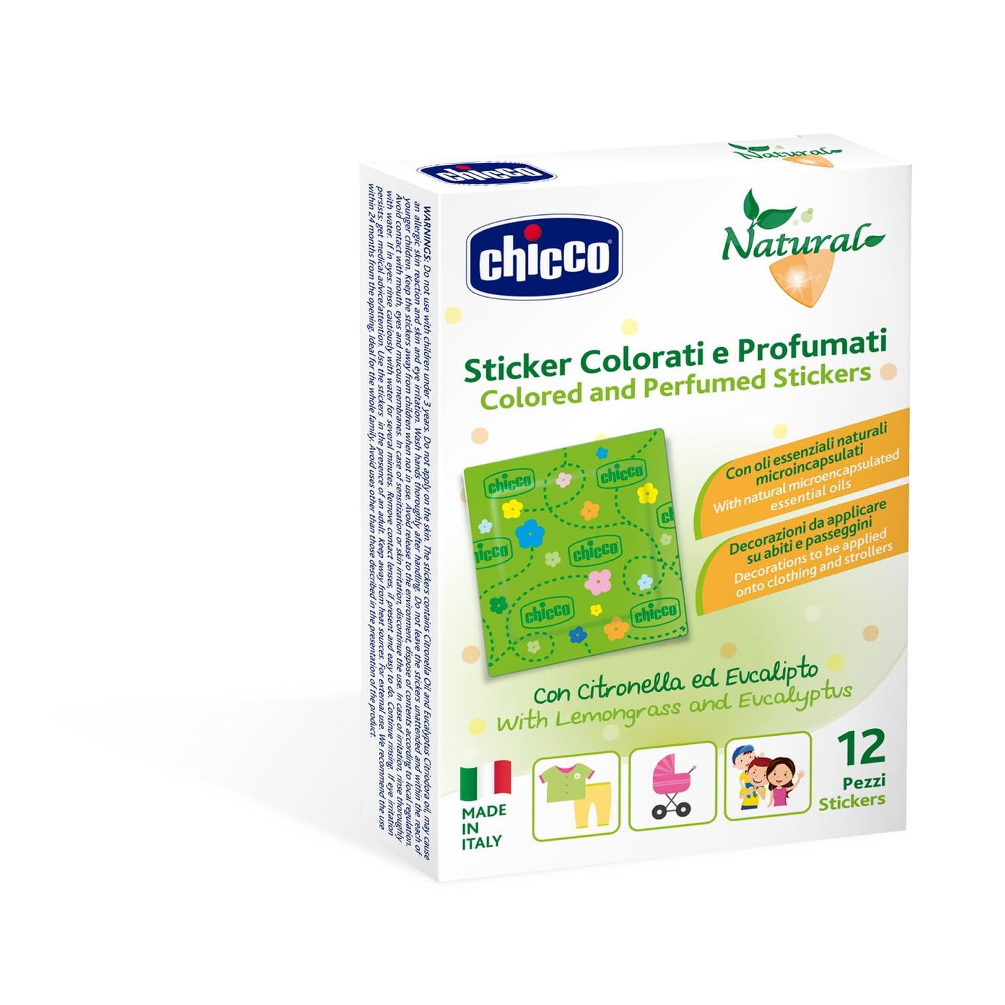 Chicco Natural Colored Sticker Plasters Scented with Lemongrass and Eucalyptus, with Essential Oils in Microcapsules that are Activated by Rubbing, Apply on Clothes, Strollers, Multicolour, 12 pieces