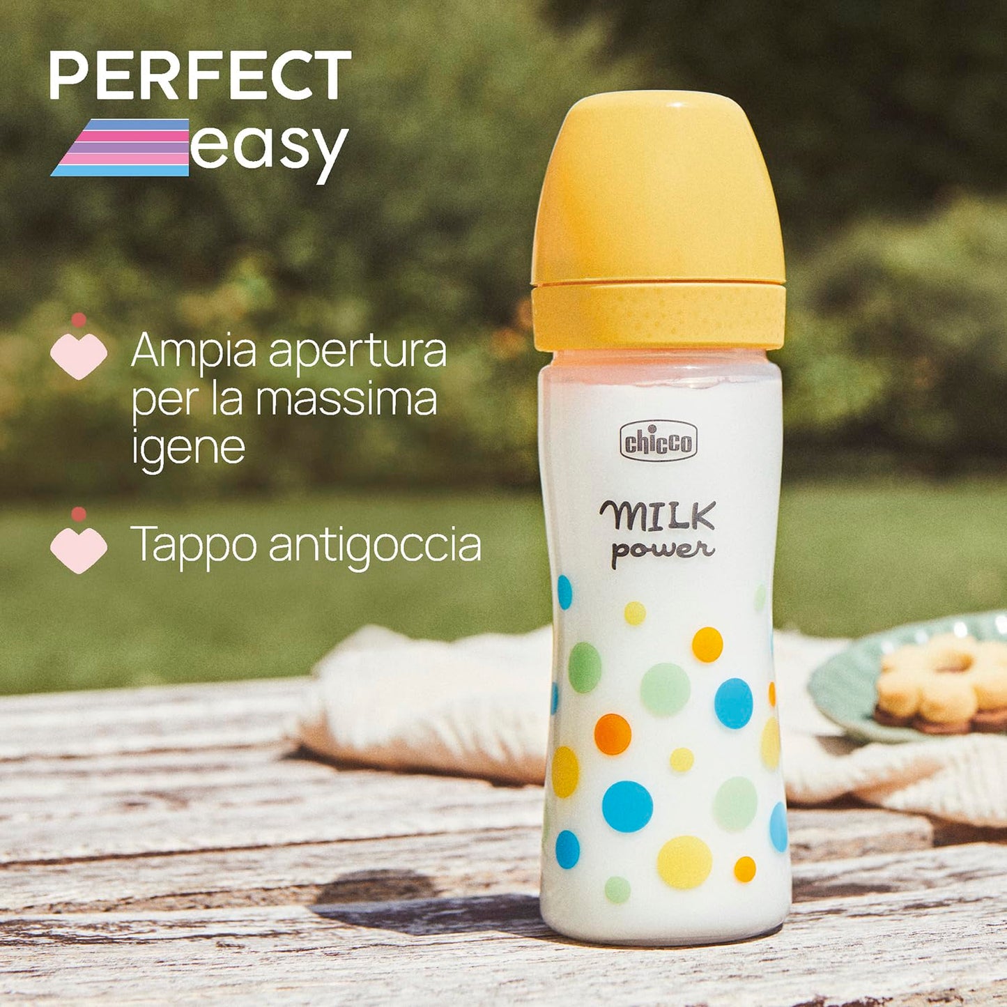 Chicco Biberon Perfect Easy Flusso Medio, con Tettarella Physio in Morbido Silicone e Finitura Soft Sense, Anticolica, Riduce Rigurgito e Irritabilità, Bottiglia in Plastica da 250ml, 2 Mesi+, Bambino