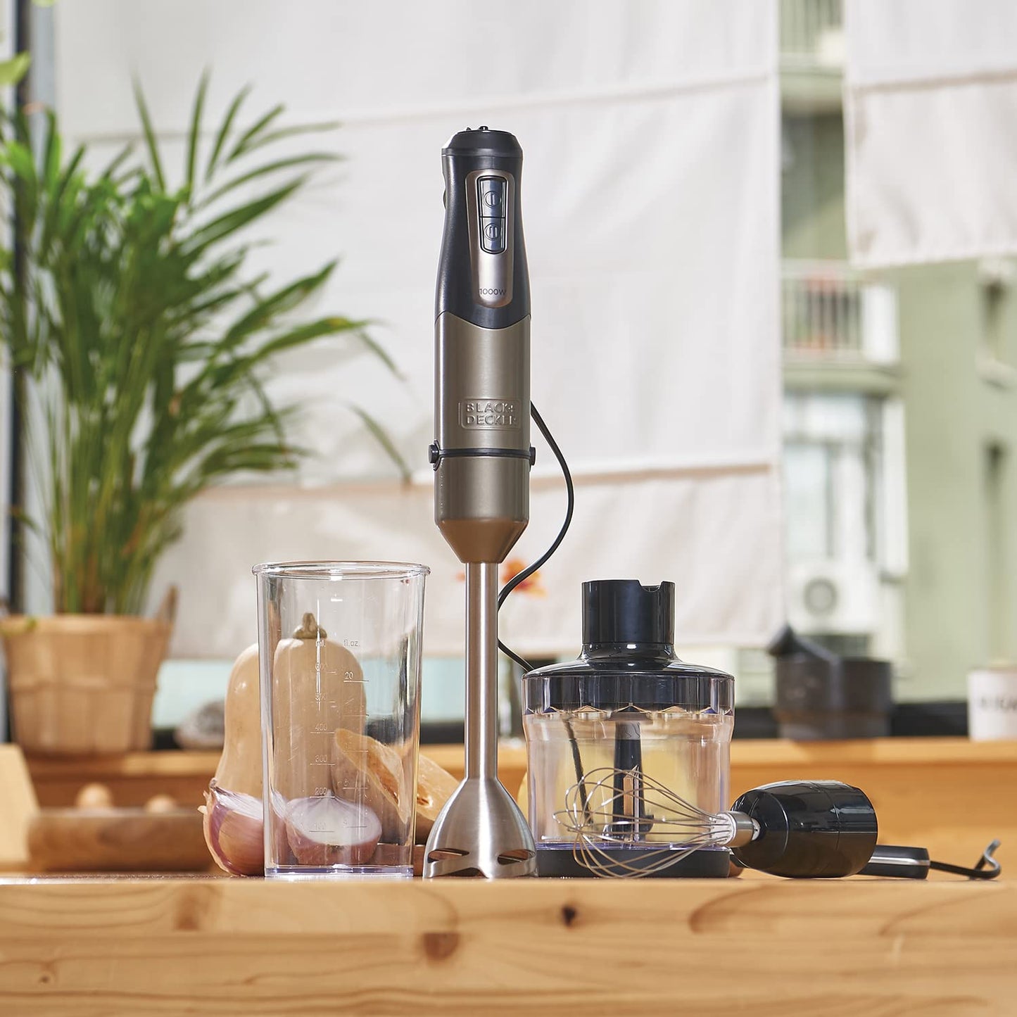 BLACK+DECKER BXHBA1000E - Frullatore a immersione, 1000W, 20 velocità + turbo, lame in acciaio inossidabile, asta rimovibile, tritaghiaccio, ergonomico, acciaio inossidabile, set completo di accessori
