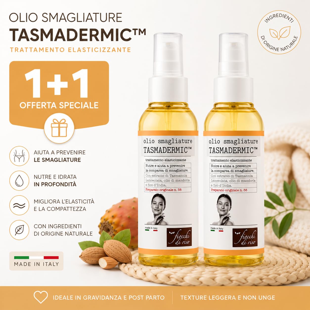 Fiocchi di riso Olio Smagliature TASMADERMIC™, con Estratto di Tasmannia Lanceolata, Olio di Mandorla e Fico d'India, 150ml