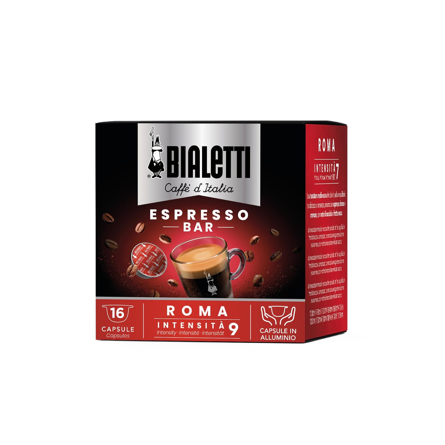 Bialetti Caffè d'Italia, Box 16 Capsule, Roma, Intensità 9, Compatibili con Macchine Bialetti sistema chiuso, 100% Alluminio