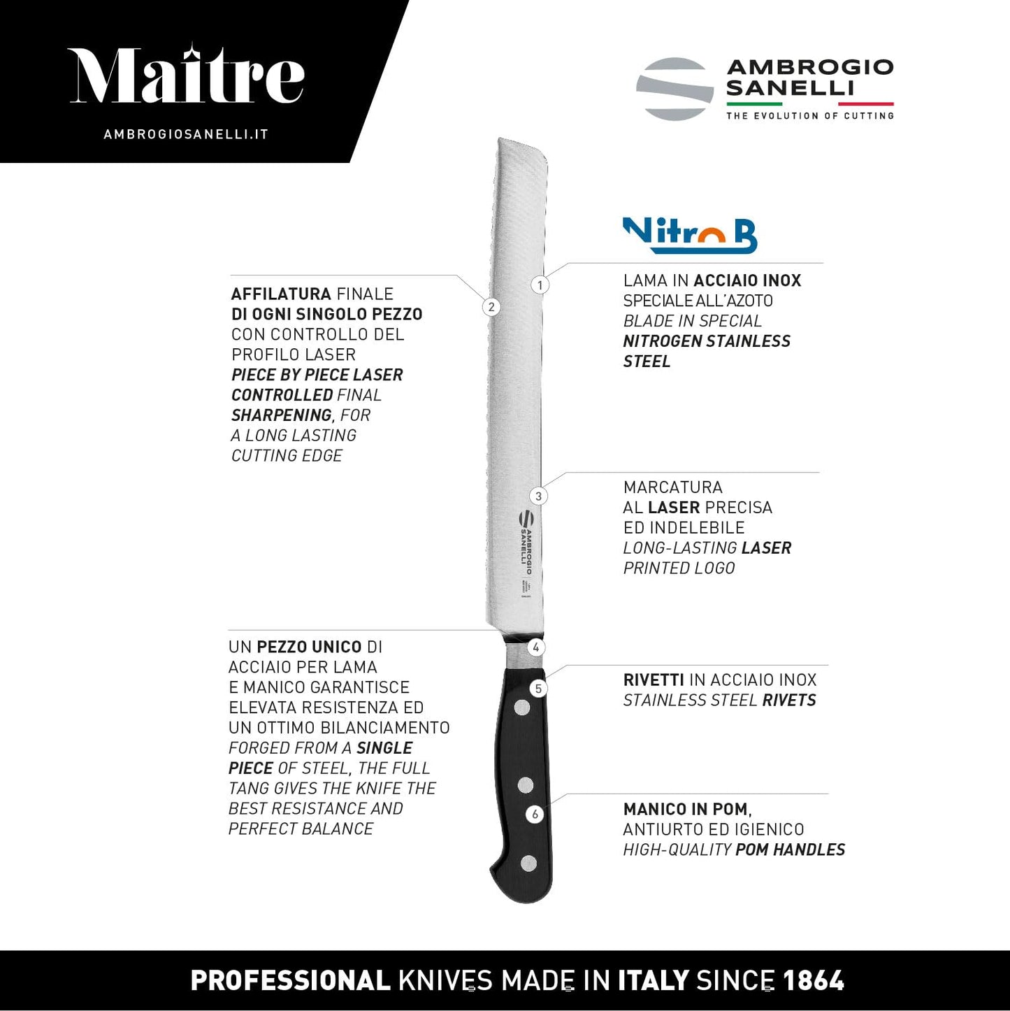 Ambrogio Sanelli, Maitre Coltello Pane, Coltello da Cucina con Lama in Acciaio Inox all'Azoto 23 cm e Manico Ergonomico, Coltelli da Cucina Professionali, Made in Italy