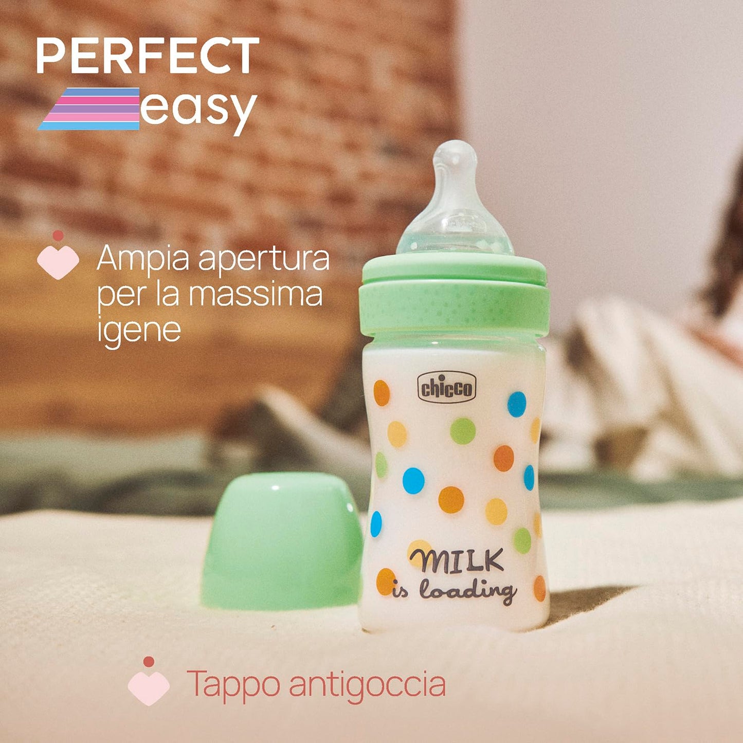 Chicco Biberon Perfect Easy Flusso Lento, con Tettarella Physio in Morbido Silicone e Finitura Soft Sense, Anticolica, Riduce Rigurgito e Irritabilità, Bottiglia in Plastica da 150ml, 0 Mesi+, Neutro