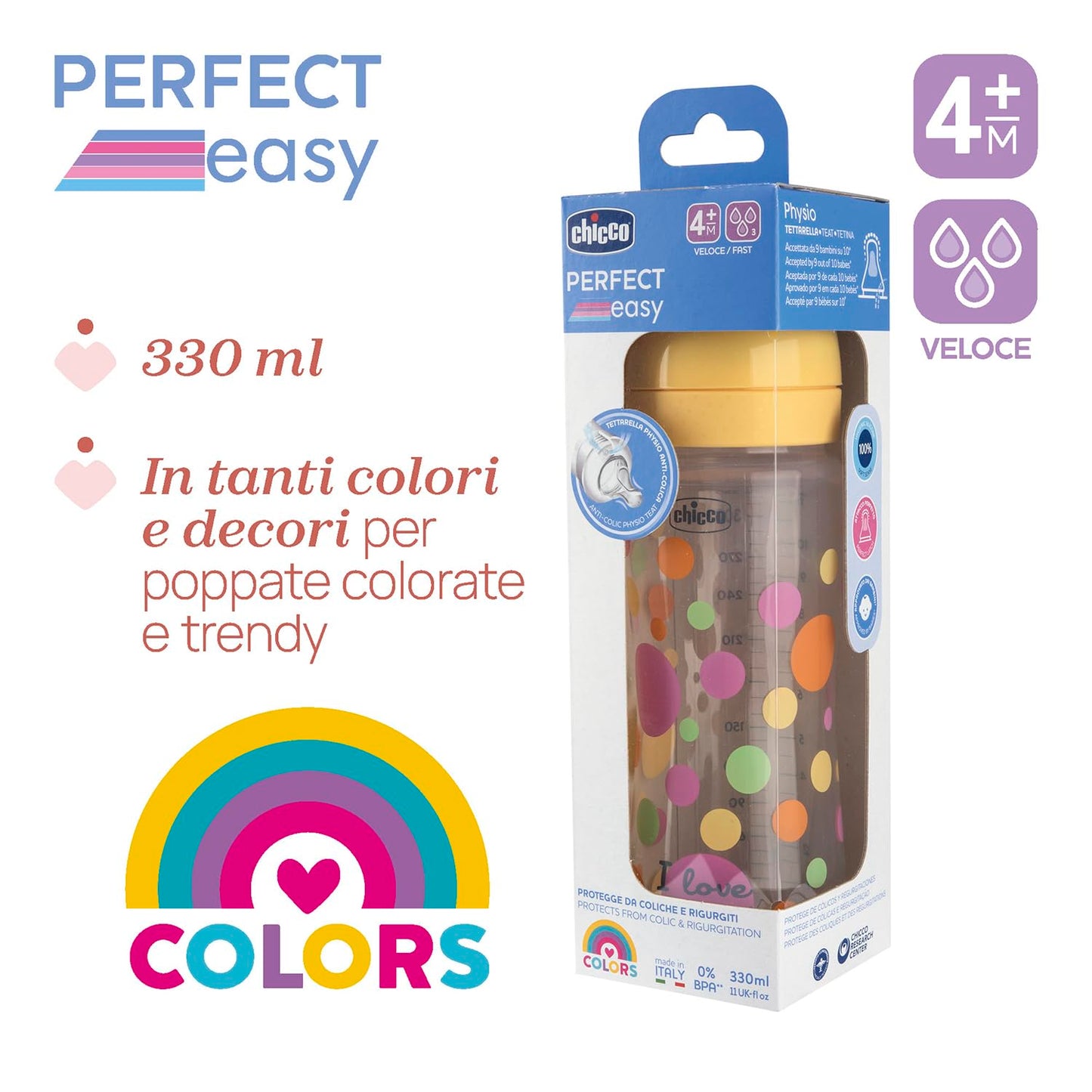 Chicco Biberon Perfect Easy Flusso Veloce, con Tettarella Physio in Morbido Silicone Soft Sense, Anticolica, Riduce Rigurgito e Irritabilità, Bottiglia in Plastica da 330ml, 4 Mesi+, Bambina