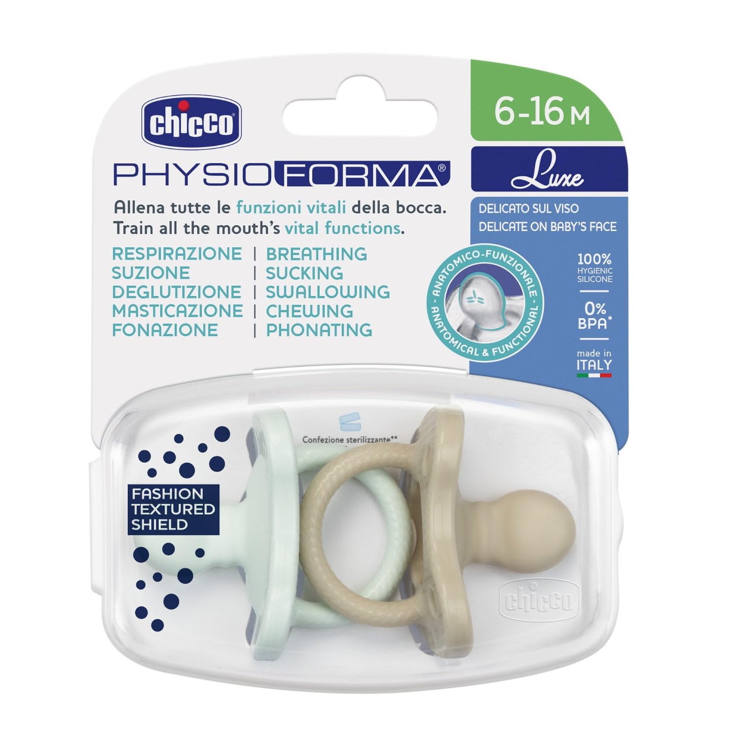 PhysioForma Gommotto Luxe, Silicone Pacifier 6 - 16 Months, Set of Soft and Delicate Rubbers, Support Physiological Breathing and Promote Correct Mouth Development, 2 Pieces, Baby