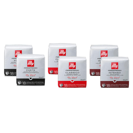 ILLY Selezione di 108 Capsule Caffè per Macchine Iperespresso | Assortimento Degustazione con 2 Confezioni Classico, 2 Confezioni Intenso, 2 Confezioni Forte