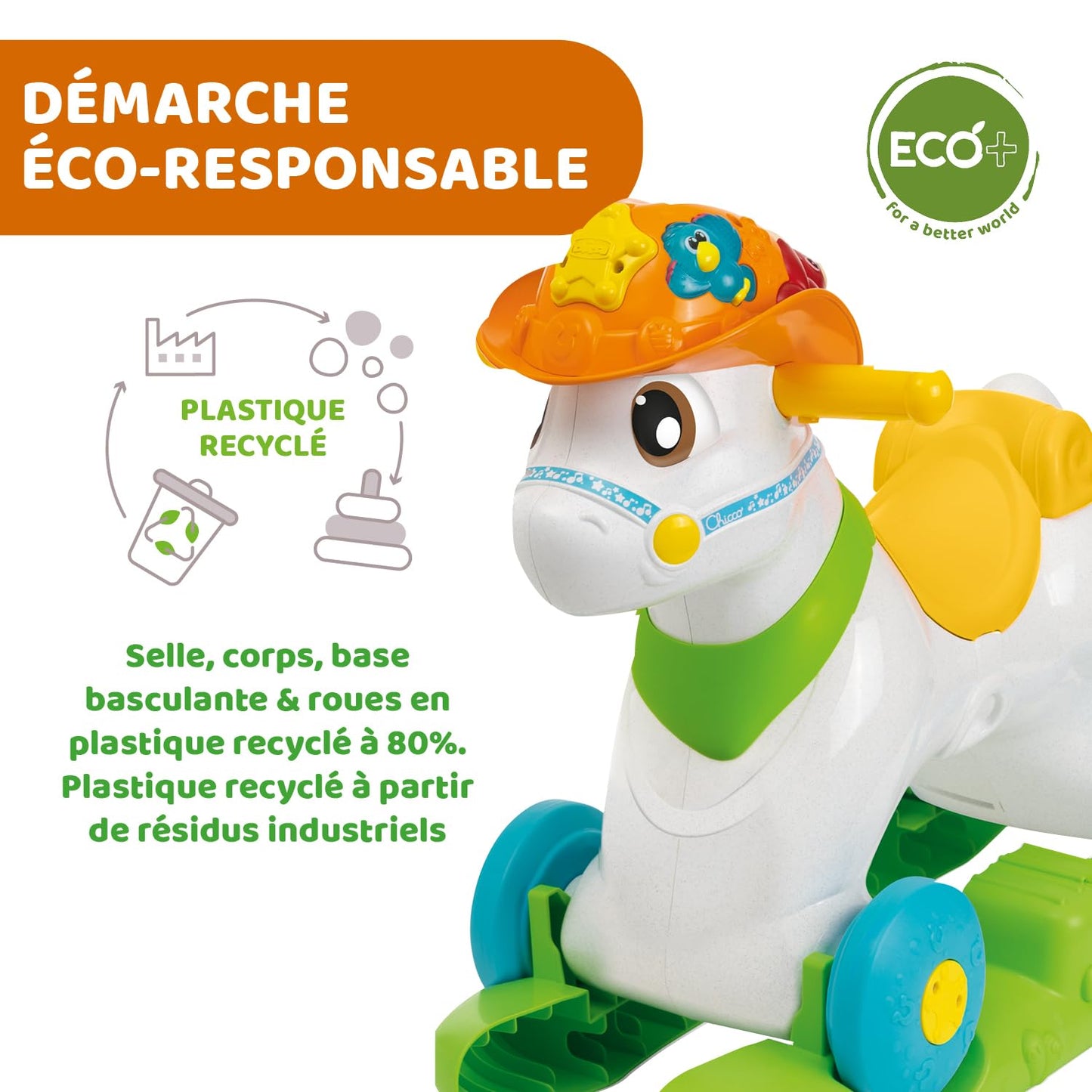Chicco Baby Rodeo, Ride-on, Children's Rocking Horse, Bilingual Activity Center, 3 Interactive Buttons, Removable Rocking, Made in Italy in Recycled Plastic, Toys for Children 1 - 3 Years
