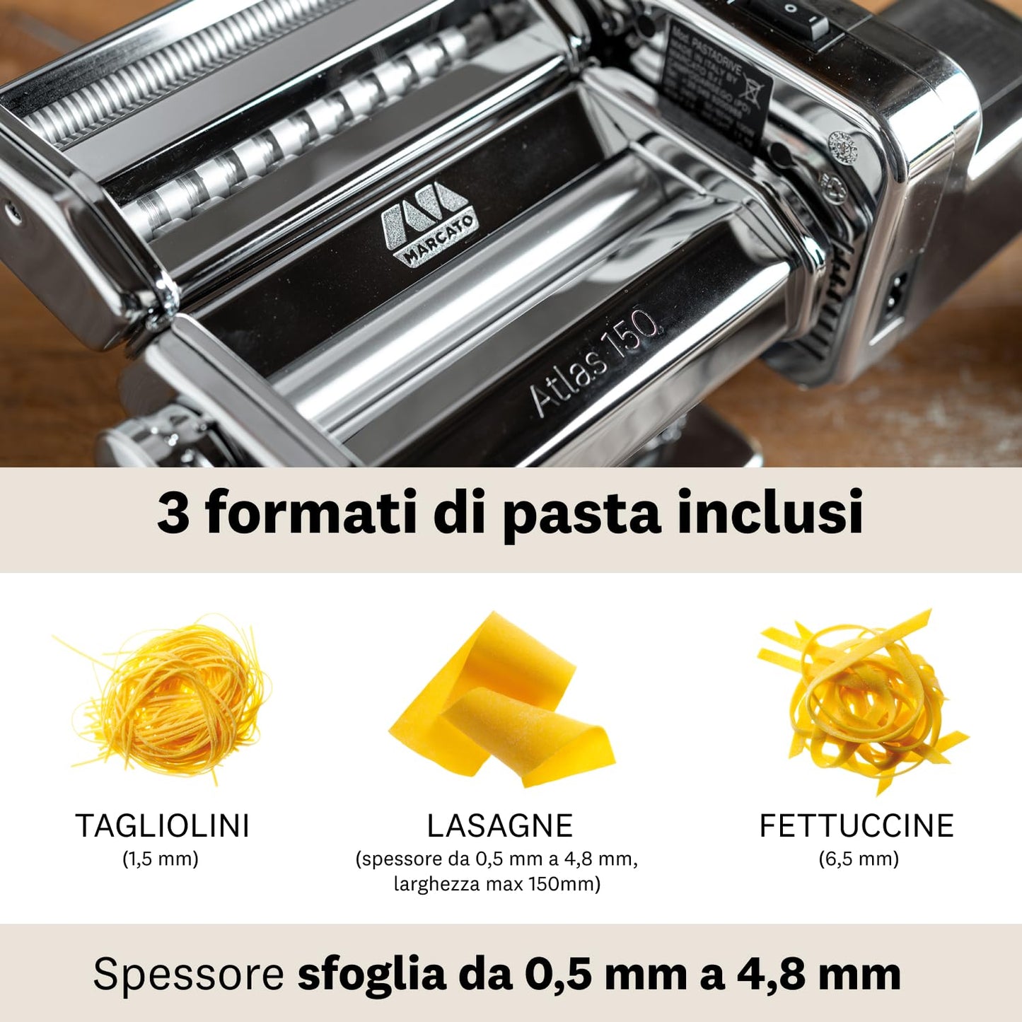 Marcato Macchina per la Pasta Elettrica Atlas 150 + Motore, Atlasmotor, Per Pasta,Lasagne, Fettuccine, Tagliolini, Acciaio.