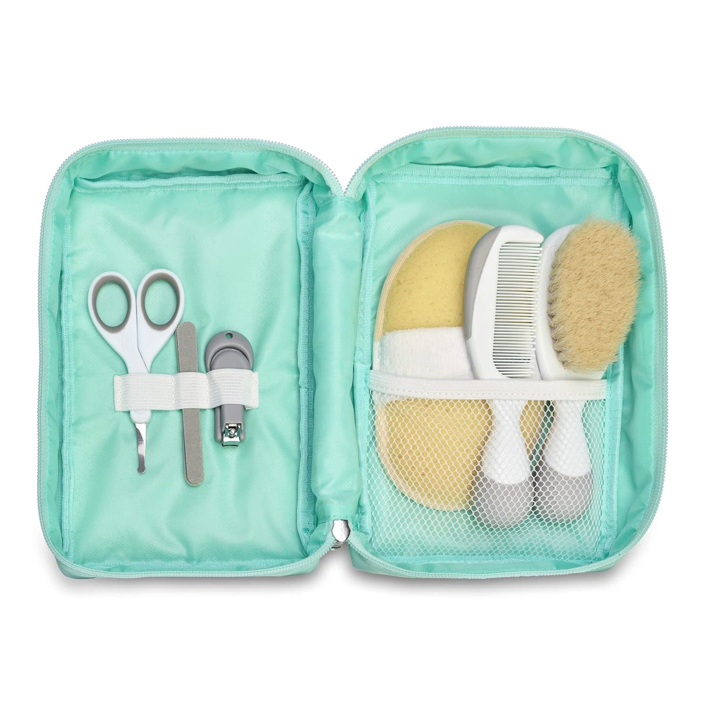 Chicco- Set da Viaggio Igiene per Bambini, 6 Pezzi, Spazzola e Pettine, Guanto Spugna, Forbici con Punte Arrotondate, Tagliaunghie e Limette USA e Getta
