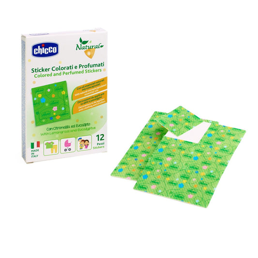 Chicco Natural Colored Sticker Plasters Scented with Lemongrass and Eucalyptus, with Essential Oils in Microcapsules that are Activated by Rubbing, Apply on Clothes, Strollers, Multicolour, 12 pieces