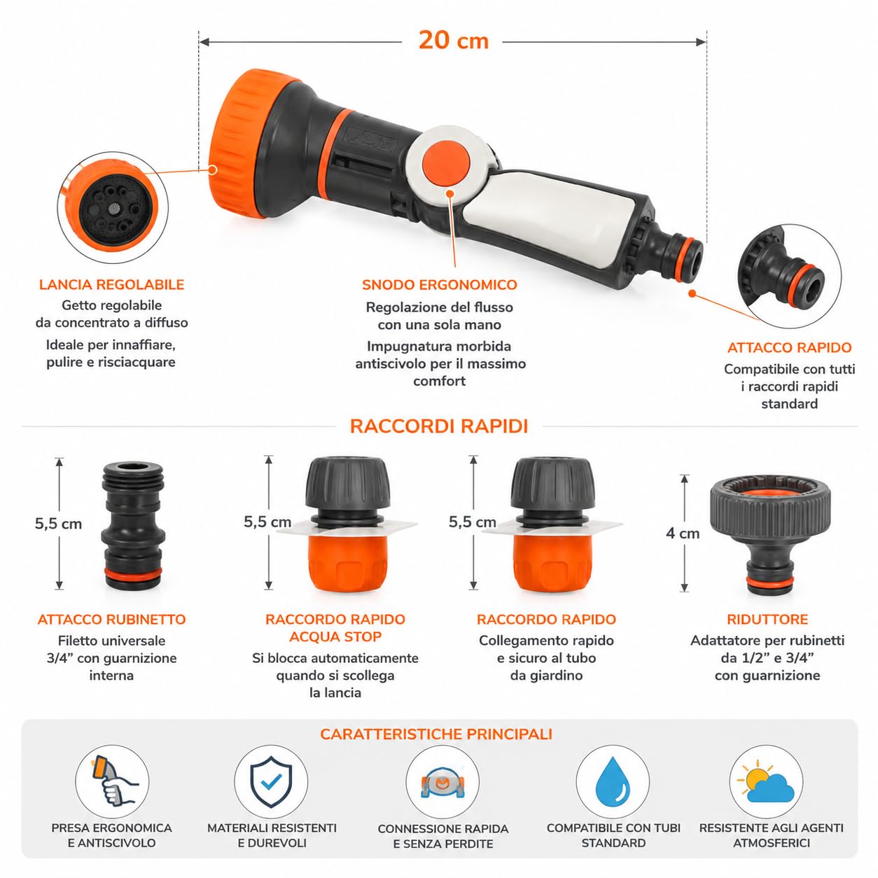 Kit Irrigazione con Lancia Regolabile e Raccordi 3/4, Sgancio Rapido, Adatto a Tubi 12-15mm, Adattatore 1/2" e 3/4", 4 Pezzi Inclusi, Spruzzo Regolabile
