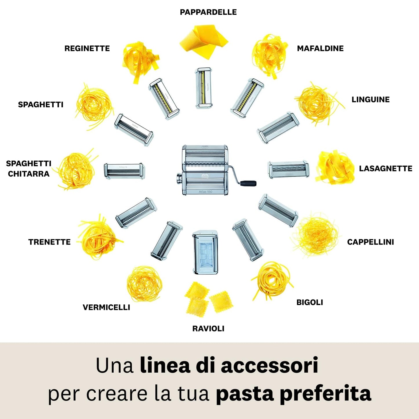 Marcato Accessorio Macchina per la Pasta, per Linguine, Taglio da 3 mm, in Acciaio Cromato, Compatibile con Atlas 150 e Atlasmotor, Accessorio da Cucina Tagliapasta. Formato: Linguine