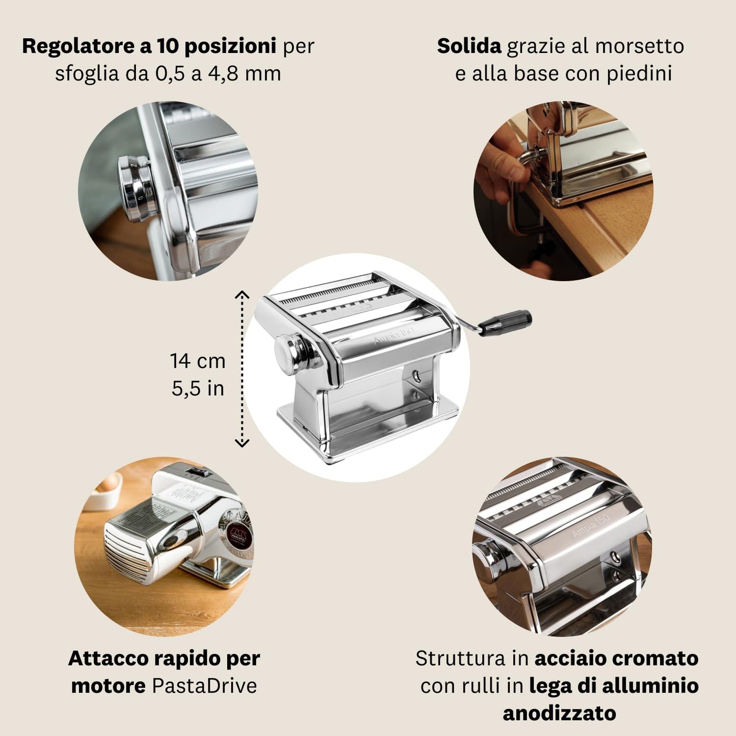 Machine à pâtes Marcato, machine à pâtes, laminoir pour pâtes fraîches, en acier chromé, pour lasagnes, fettuccines, tagliolini. Modèle : Large 150