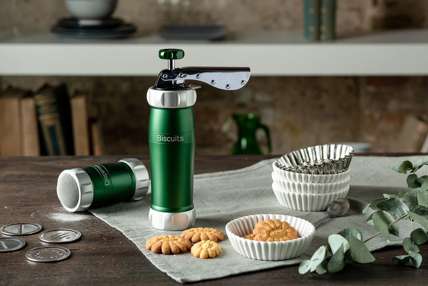 Marcato Sparabiscotti, Siringa per Dolci, Macchina per Biscotti fatti in casa, Accessorio da Pasticceria, in Alluminio Anodizzato, Grandezza Biscotto Regolabile, 20 Trafile Incluse. Colore: Verde