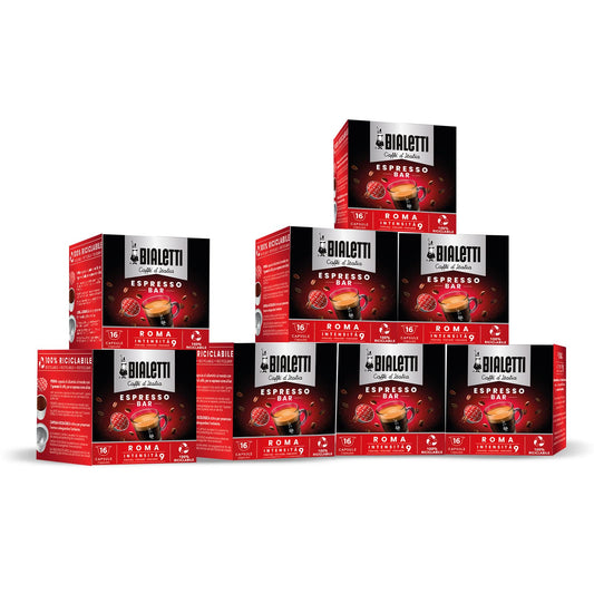 Bialetti Caffè d'Italia, Multipack 128 Capsule, 8 Box da 16 Capsule, Roma, Intensità 9, Compatibili con Macchine Bialetti sistema chiuso, 100% Alluminio