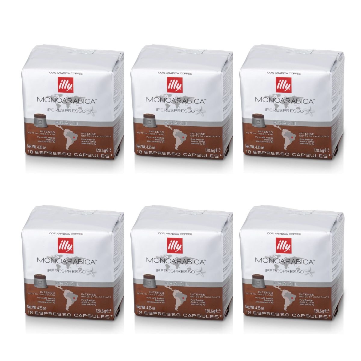 ILLY 6 Pacchi Da 18 capsule Monoarabica Mono Origine: Brasile Marrone