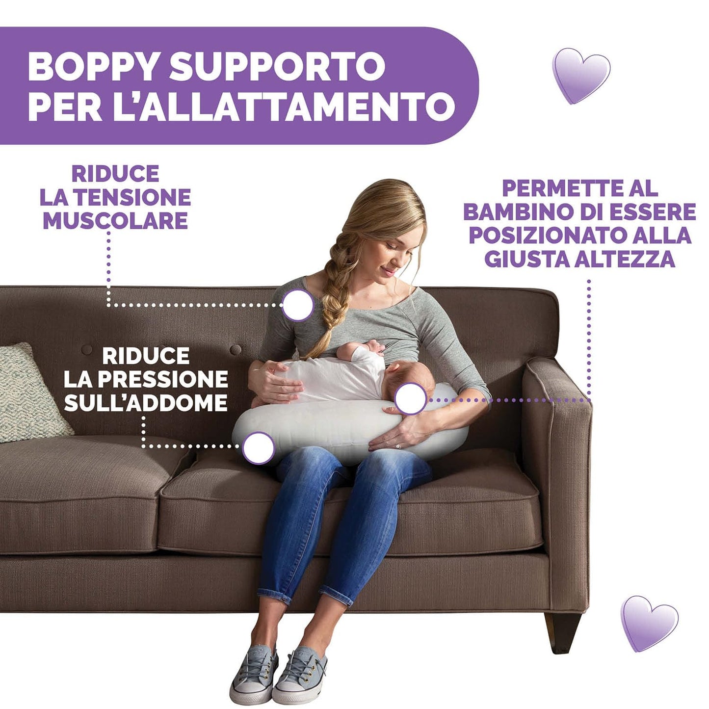 Support d'allaitement Boppy également connu sous le nom de coussin d'allaitement pour les nouveau-nés de 0 mois et plus, forme ergonomique avec soutien pour la mère et le bébé, soutien du nouveau-né pour l'allaitement et l'alimentation au biberon