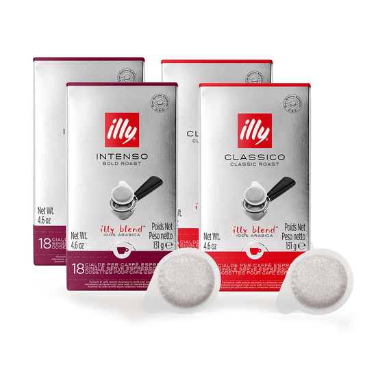 ILLY Selezione di 72 Cialde di caffè | Degustazione di 4 Box da 18 Cialde ESE Monodose, Tostatura Intenso e Classico