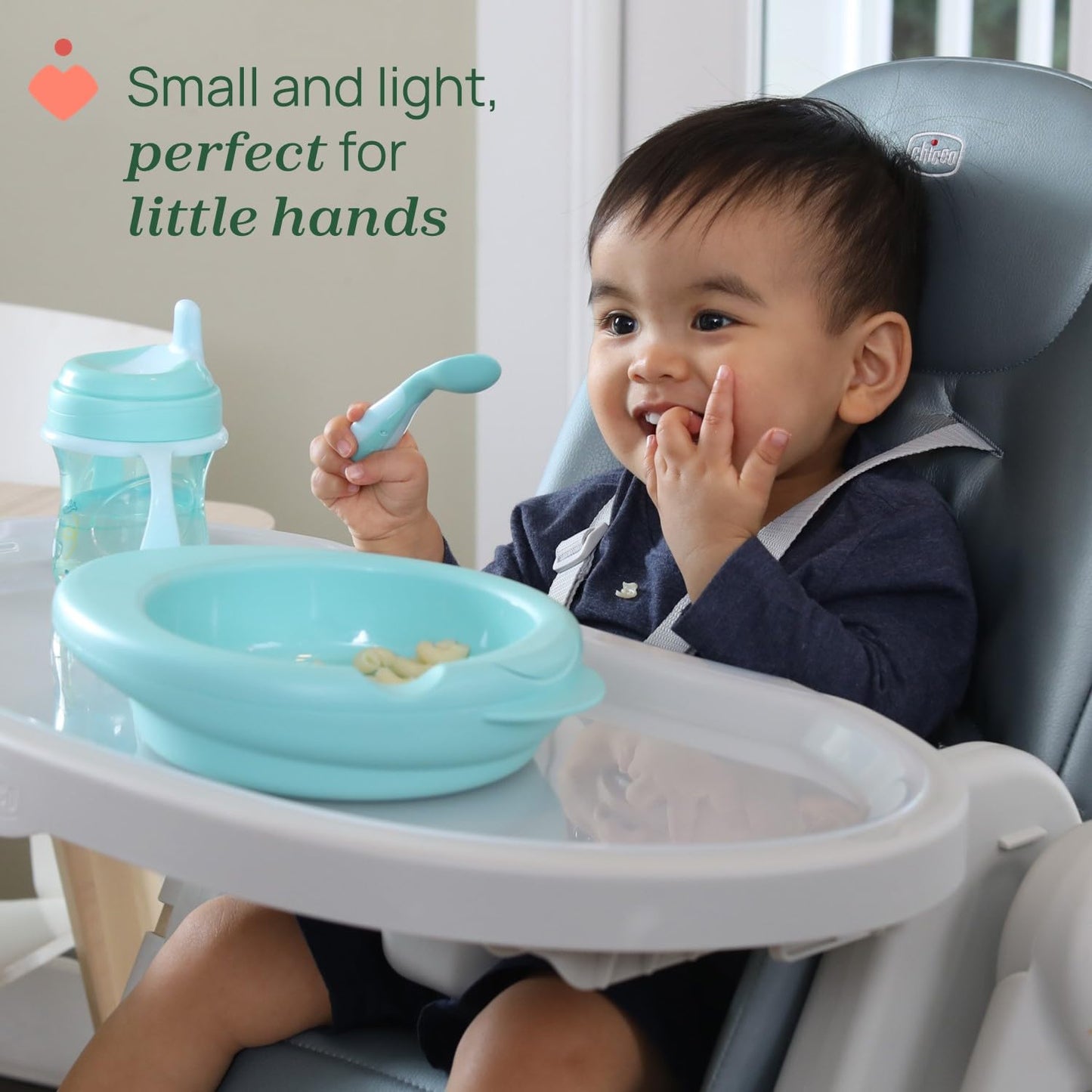 Chicco, Primo Cucchiaio, Cucchiaio Neonato per lo Svezzamento, Piccolo e Leggero, con Forma Angolata e Impugnatura Ergonomica per Imparare a Mangiare in Autonomia, per Bambini 8 Mesi+, Azzurro