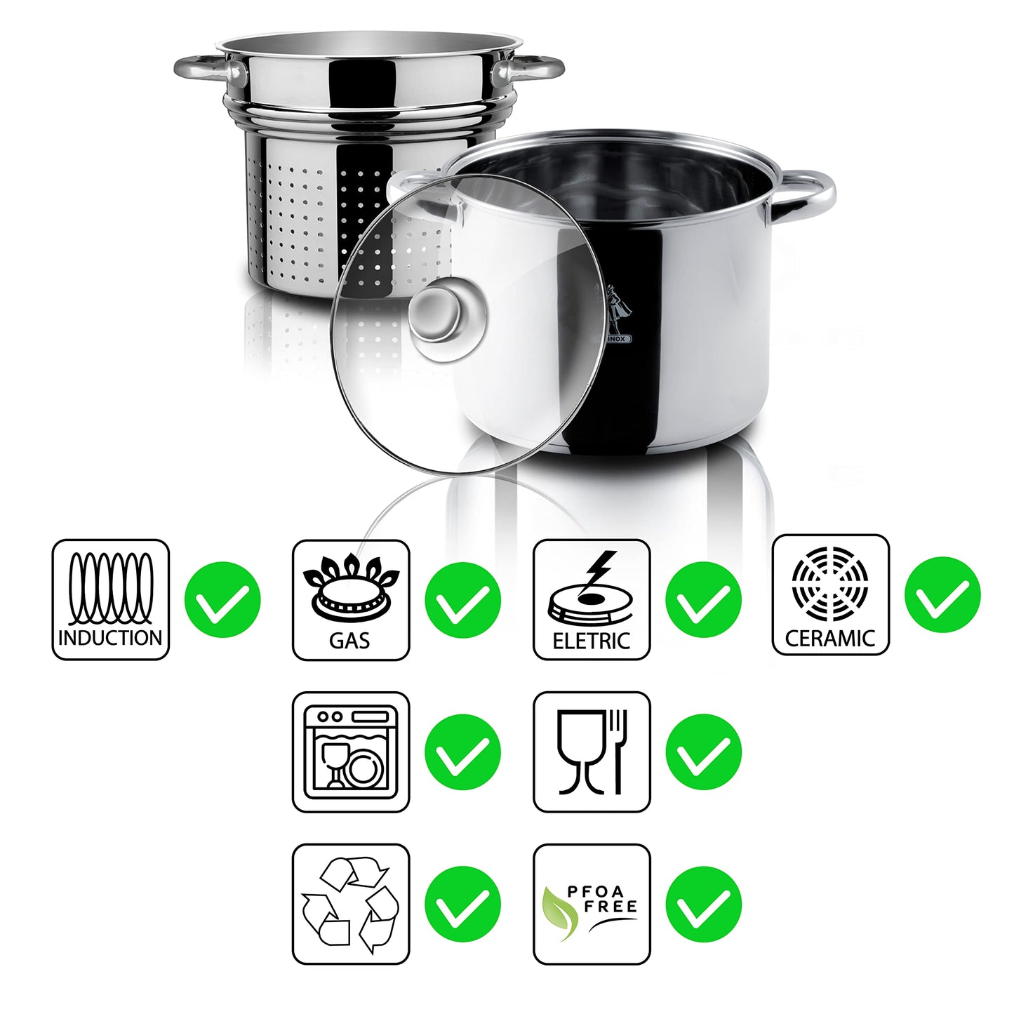 Aeternum Divina Pastarella Pentola Per Pasta, Compatibile con piastra ad induzione, Acciaio, Argento, Diametro 22 cm