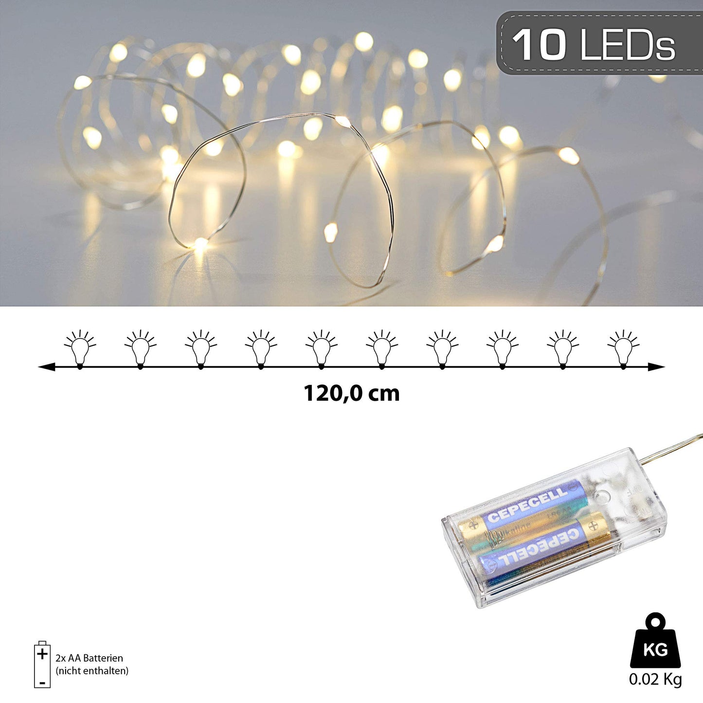 Catena luminosa con micro fili, a forma di stella, colore bianco caldo, argento, a batteria, illuminazione natalizia (1 x 10 LED micro fili)