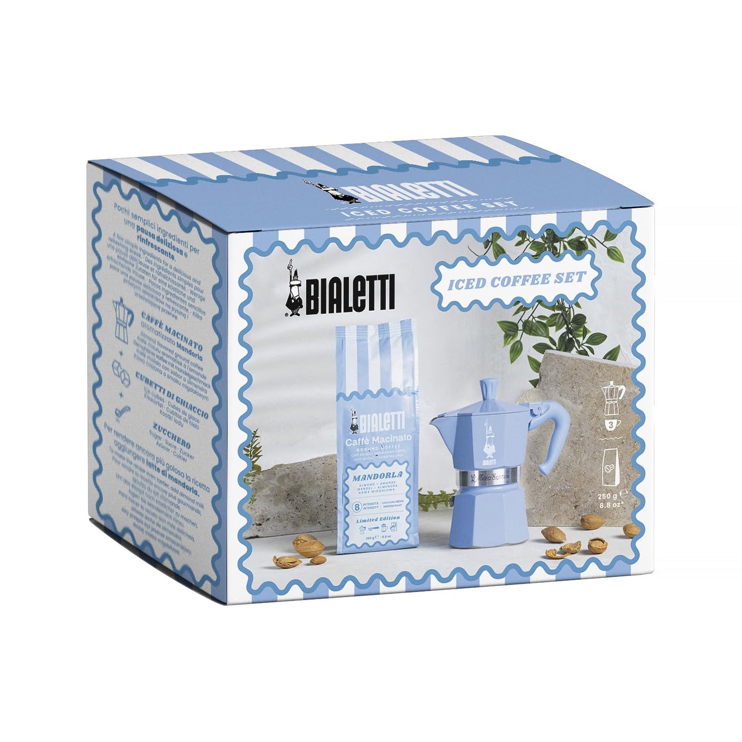Bialetti Moka Express in Alluminio Set Caffettiera 3 Tazze Turchese con Caffè Macinato Mandorla 250g aromatizzato alla Mandorla
