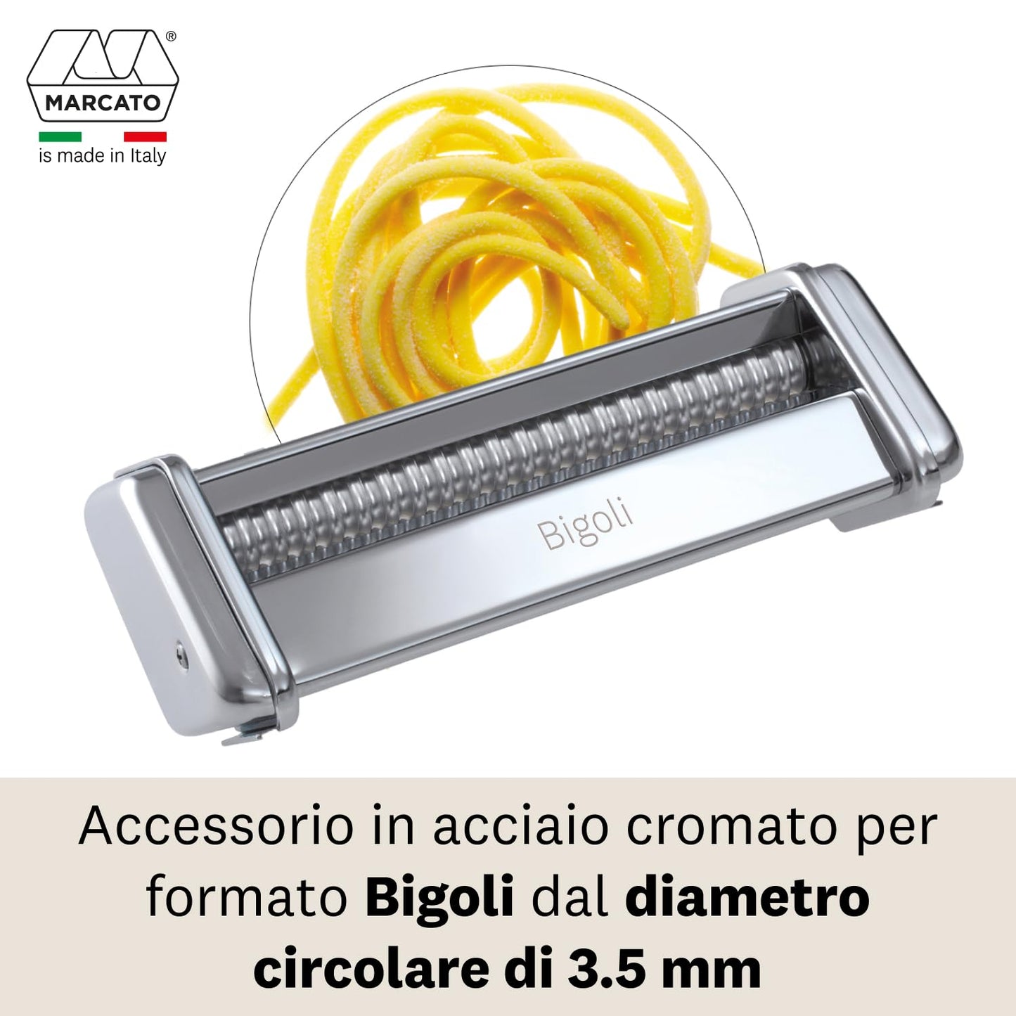 Marcato Accessorio Macchina per la Pasta, per Bigoli, Taglio Circolare da 3,5 mm, in Acciaio Cromato, Compatibile con Atlas 150 e Atlasmotor, Accessorio da Cucina Tagliapasta. Formato: Bigoli