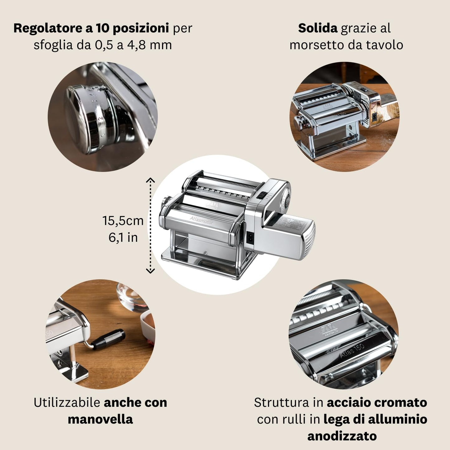 Marcato Macchina per la Pasta Elettrica Atlas 150 + Motore, Atlasmotor, Per Pasta,Lasagne, Fettuccine, Tagliolini, Acciaio.