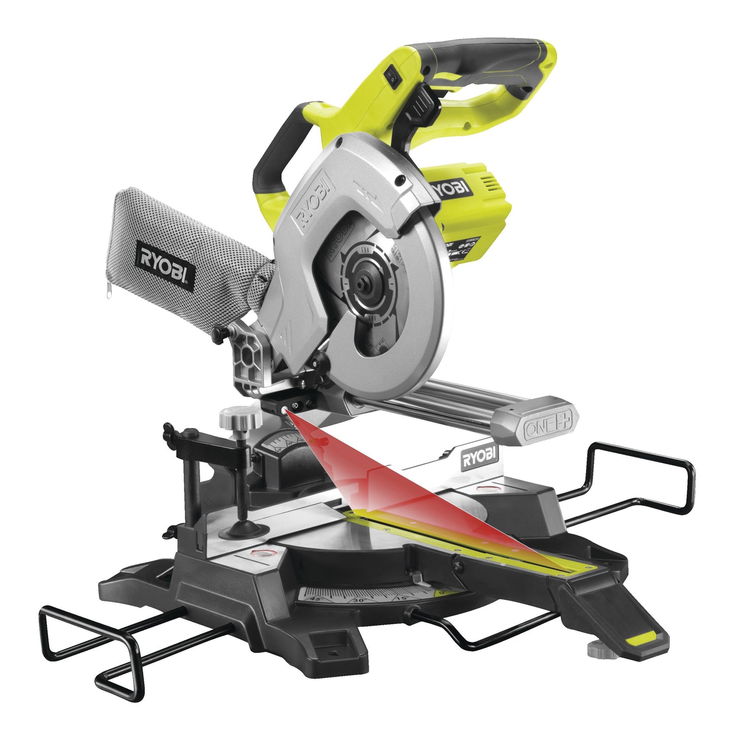 Ryobi R18MS216-0 Troncatrice a Batteria 18V ONE+, Lama 216 mm a 48 Denti in Carburo di Tungsteno, Laser di Precisione, Base in Alluminio, Batteria Non Inclusa