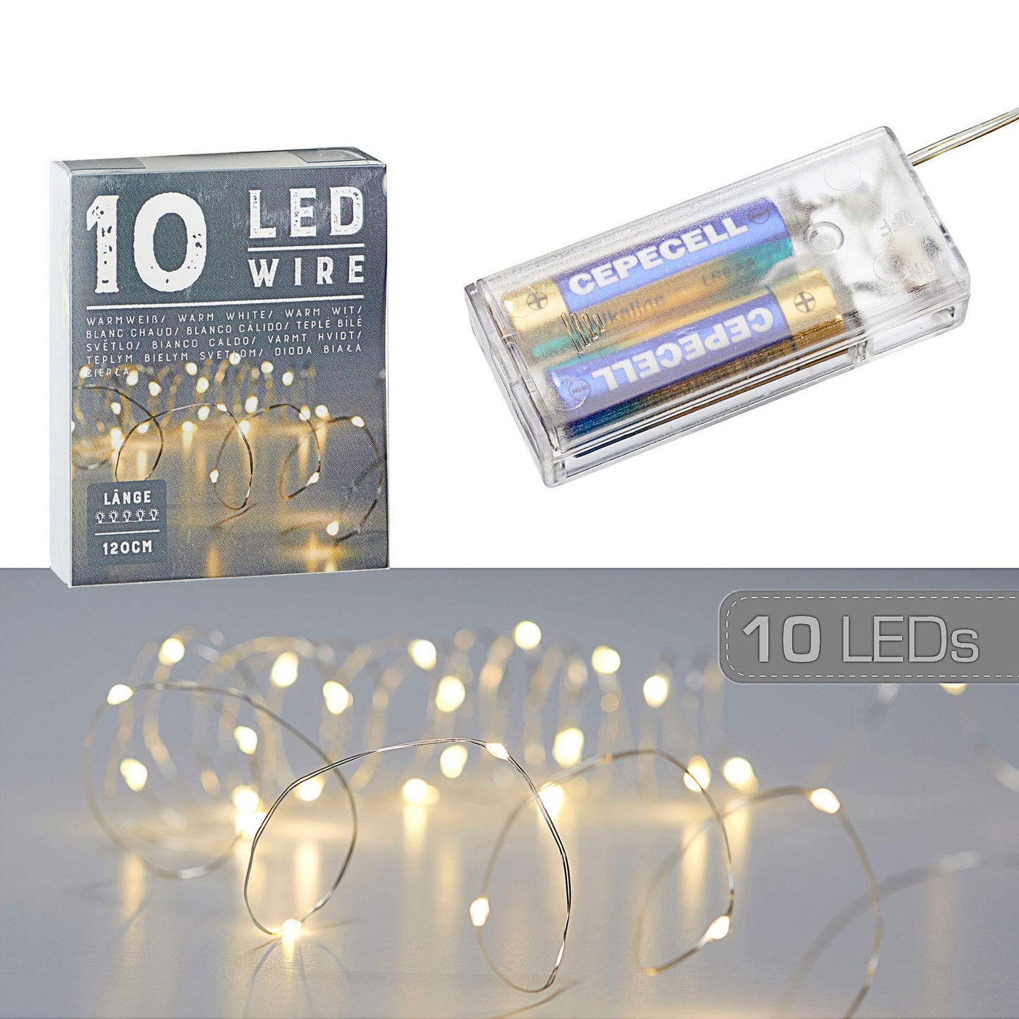 Catena luminosa con micro fili, a forma di stella, colore bianco caldo, argento, a batteria, illuminazione natalizia (1 x 10 LED micro fili)