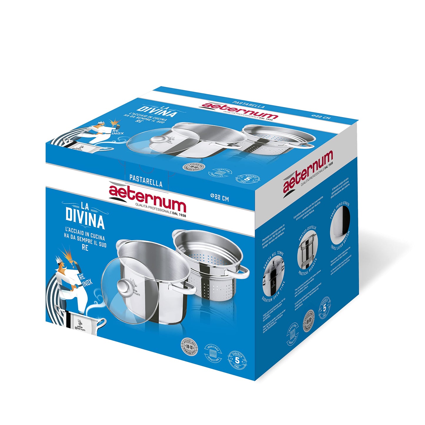 Aeternum Divina Pastarella Pentola Per Pasta, Compatibile con piastra ad induzione, Acciaio, Argento, Diametro 22 cm