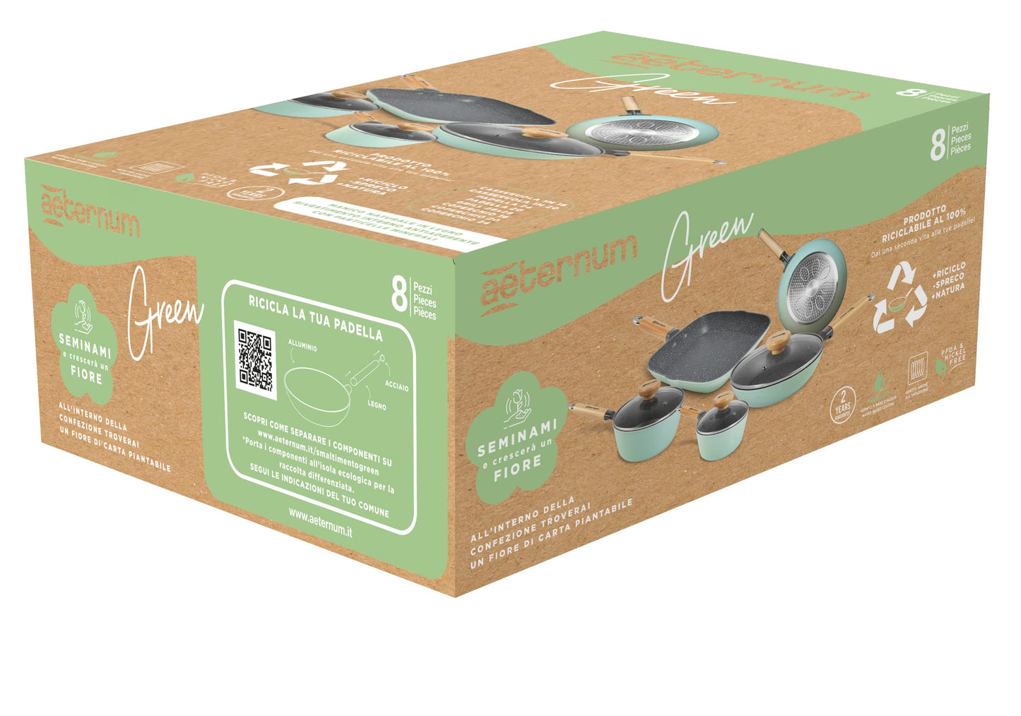 Aeternum Green Induction Wood, Batteria 8 Pezzi, Padelle Antiaderenti, Adatto a Induzione, Manici in Legno di Faggio, Include 3 Padelle, 2 Casseruole, 3 Coperchi, 100% materiali riciclabili, Verde