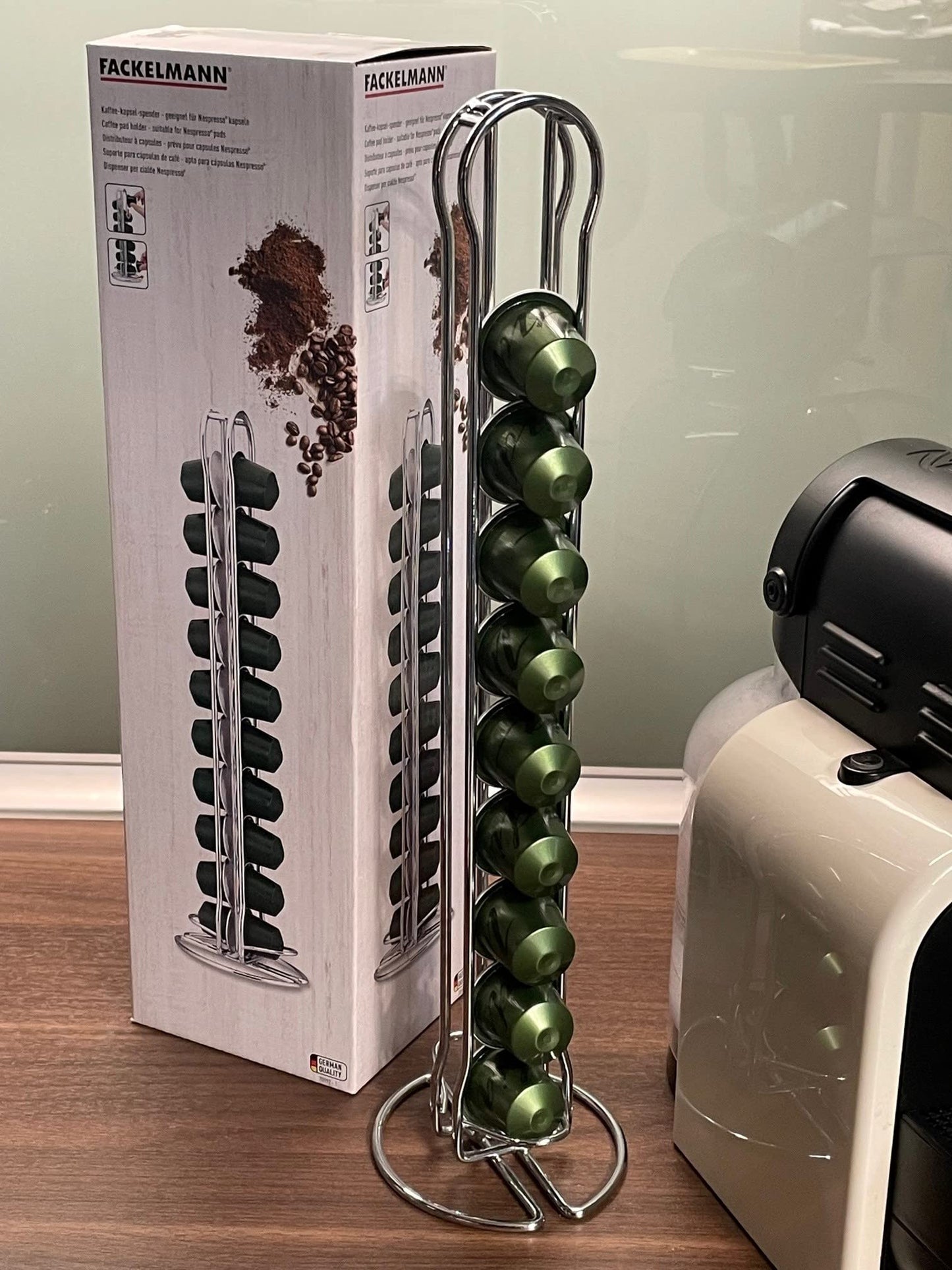 Fackelmann Porta Cialde in Filo per 20 Cialde Nespresso, in Scatola Regalo a 4 Colori, Cialde non Incluse, Argento