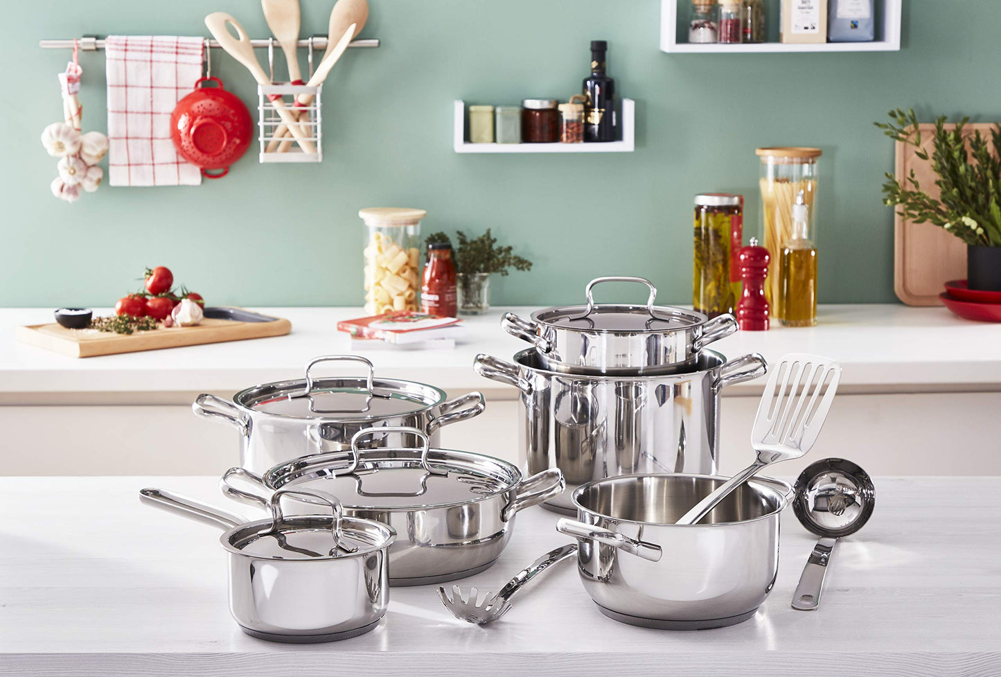 Lagostina Set of Induction, Gas and Oven Cookware in 18/10 Stainless Steel, 13 Pieces, Triple Layer Lagoseal Plus Bottom, Cookware Set with 4 Saucepans, 2 Saucepans, 4 Lids, 3 Kitchen Utensils