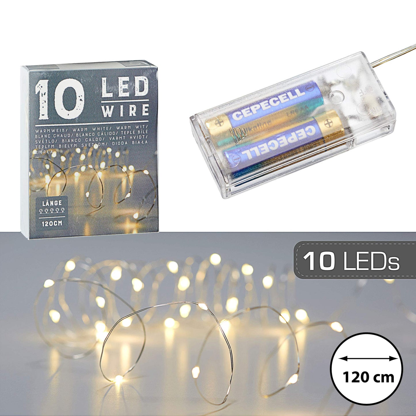 Catena luminosa con micro fili, a forma di stella, colore bianco caldo, argento, a batteria, illuminazione natalizia (1 x 10 LED micro fili)